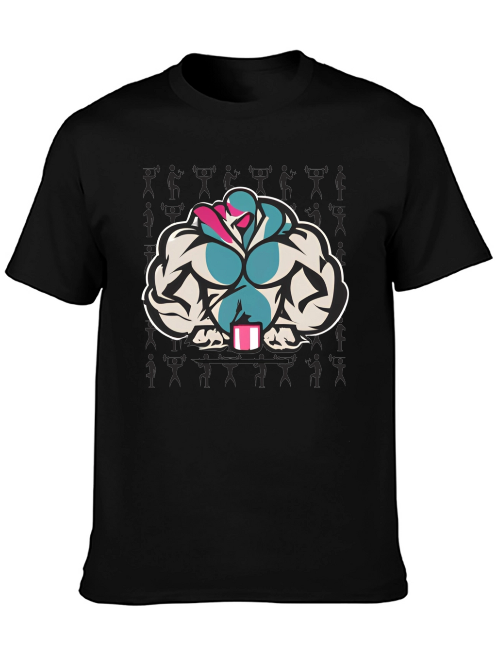Black T-Shirt with Muscular Cartoon Graphic