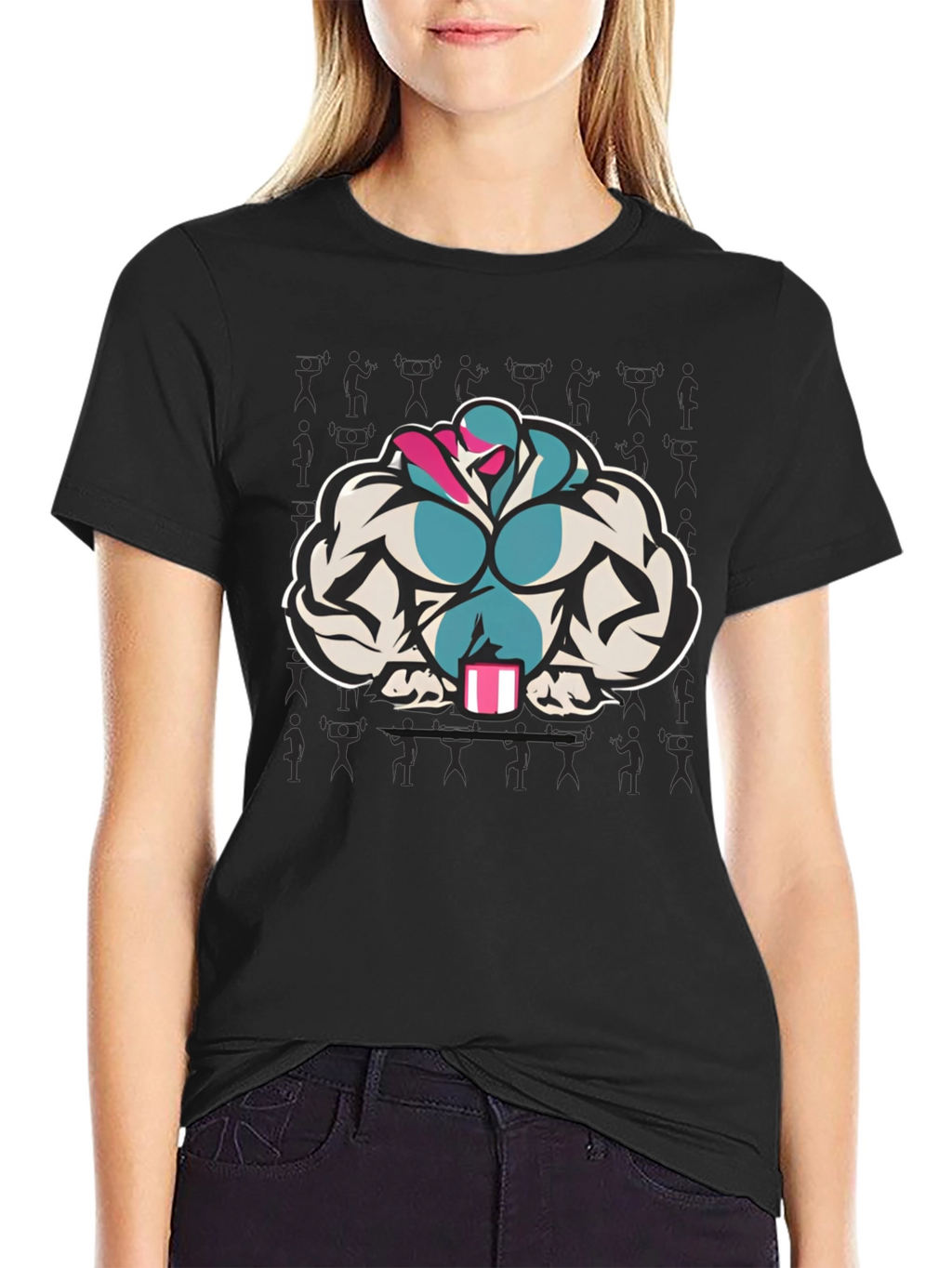 Black T-Shirt with Muscular Cartoon Graphic