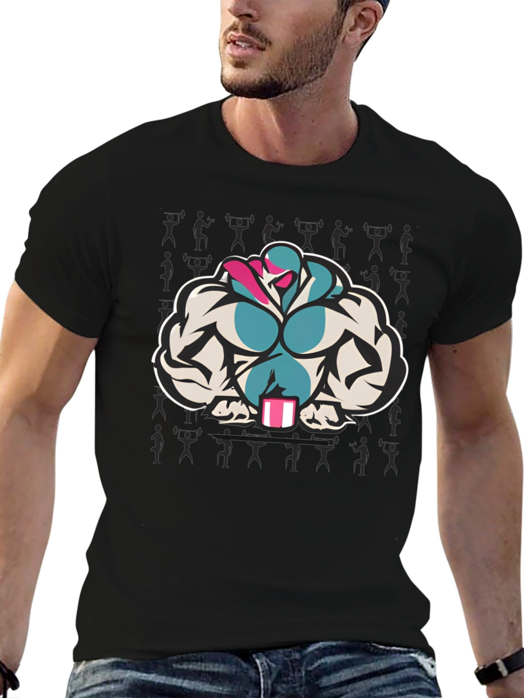 Black T-Shirt with Muscular Cartoon Graphic