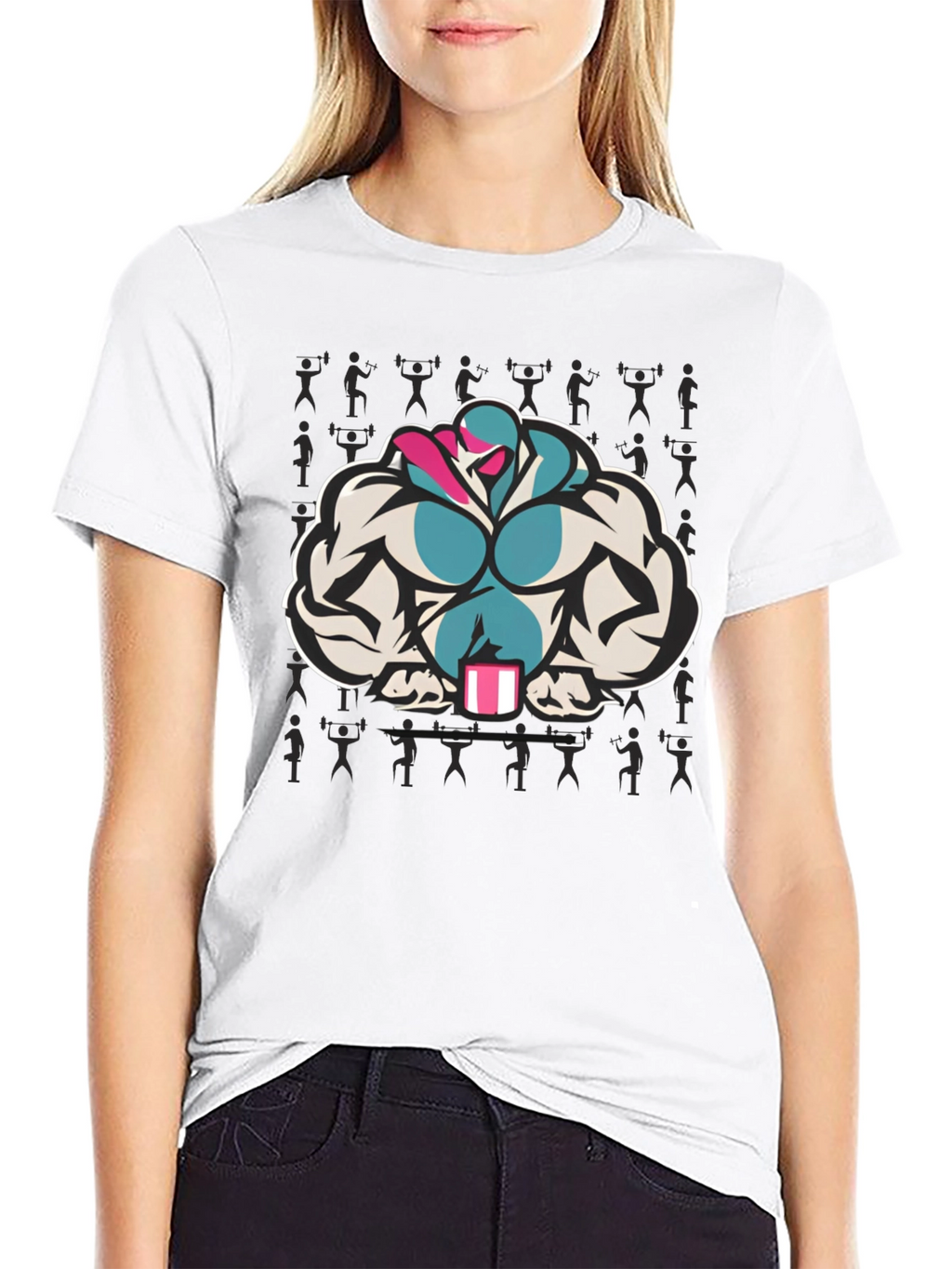 Black T-Shirt with Muscular Cartoon Graphic