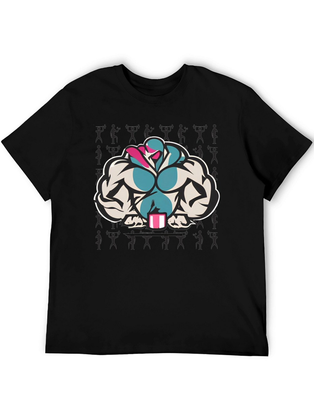 Black T-Shirt with Muscular Cartoon Graphic