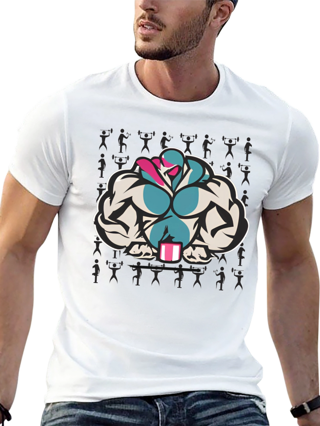 Black T-Shirt with Muscular Cartoon Graphic