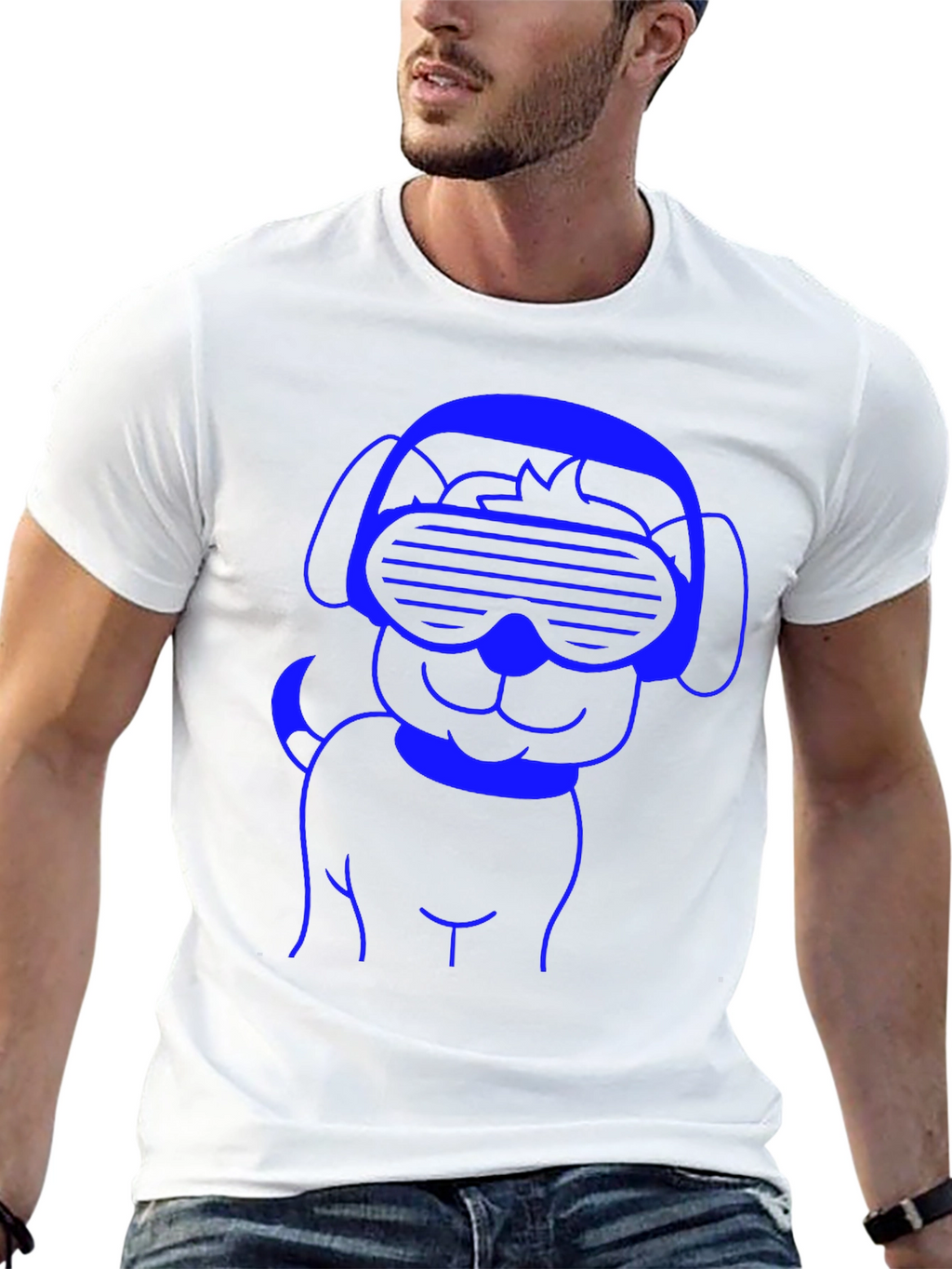 Cool Dog T-Shirt - Blue Line Art on Black