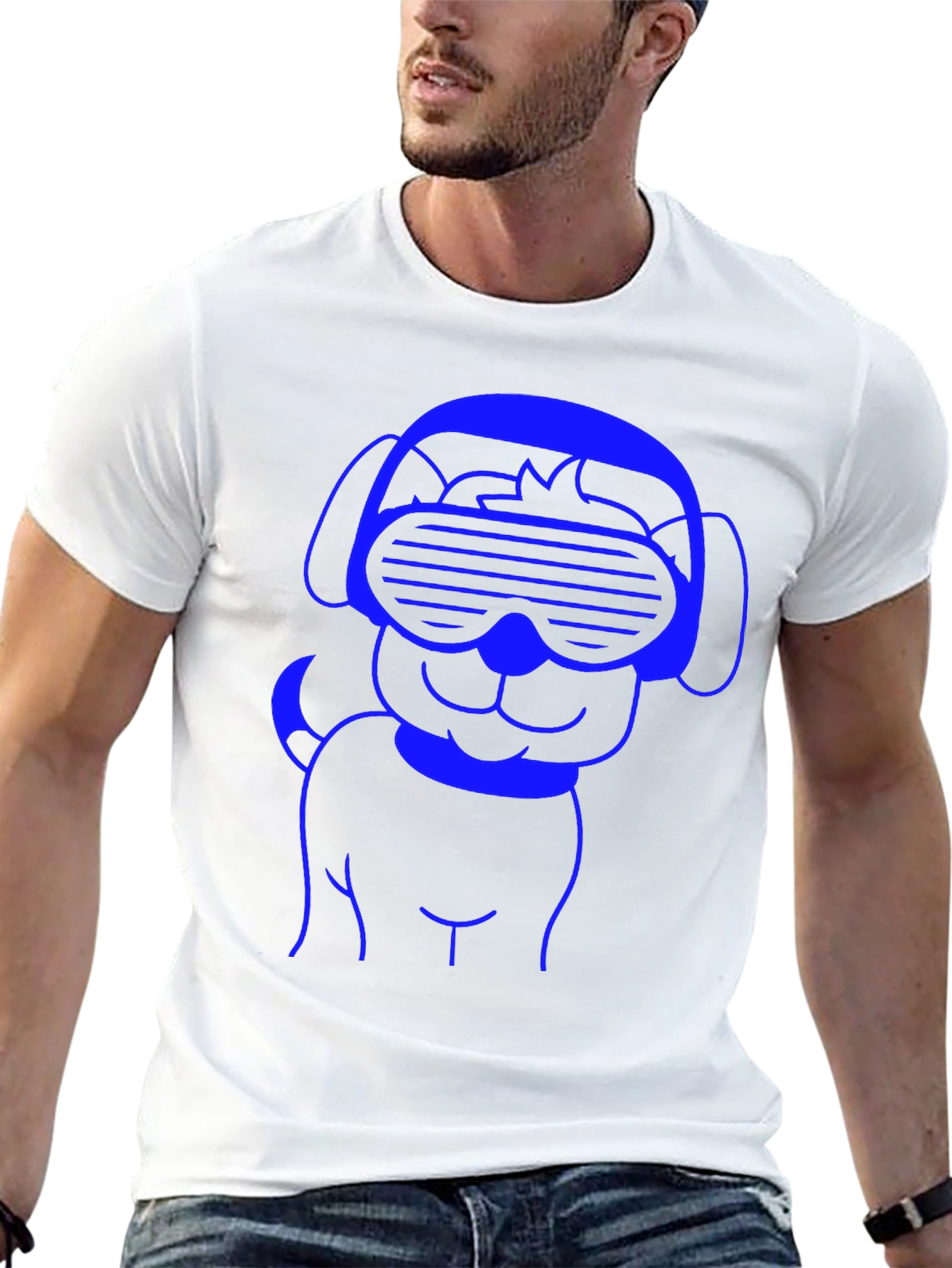 Cool Dog T-Shirt - Blue Line Art on Black