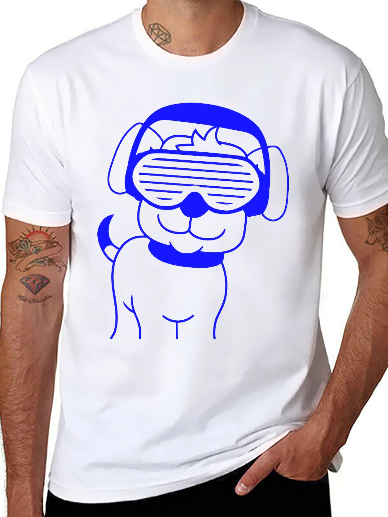 Cool Dog T-Shirt - Blue Line Art on Black