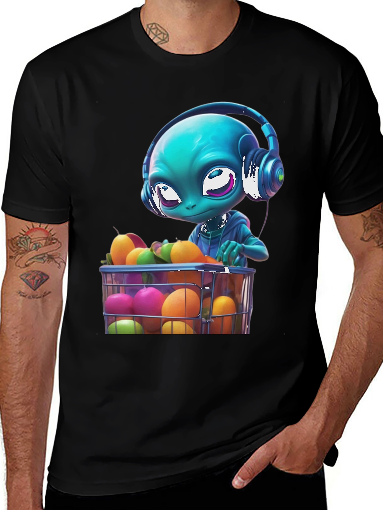 Alien DJ Fruit Basket Graphic T-Shirt