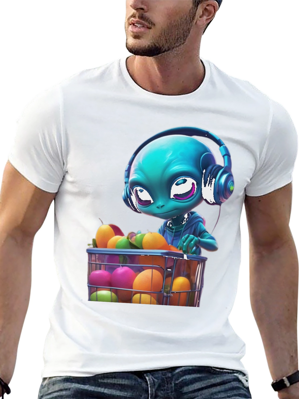 Alien DJ Fruit Basket Graphic T-Shirt