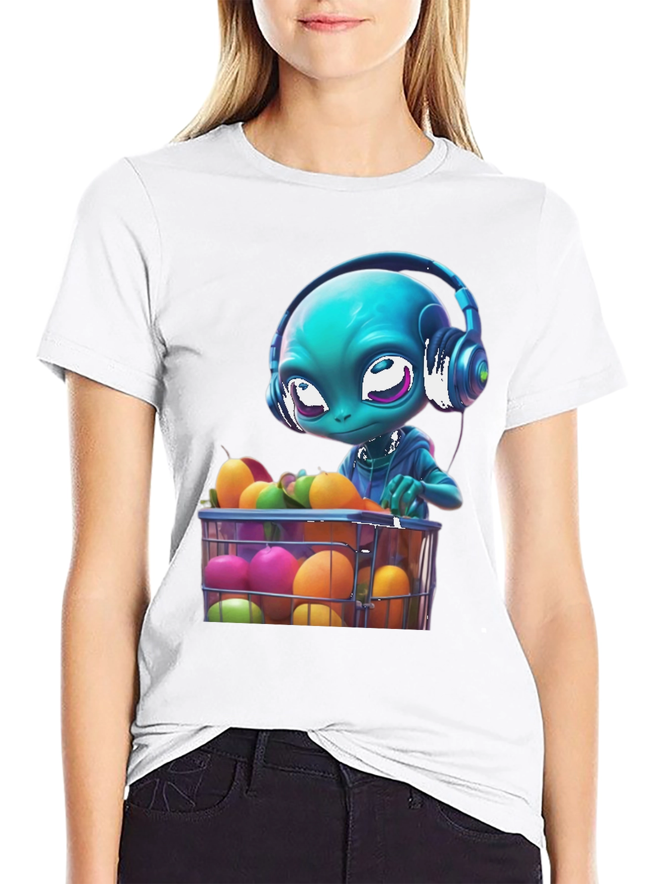 Alien DJ Fruit Basket Graphic T-Shirt