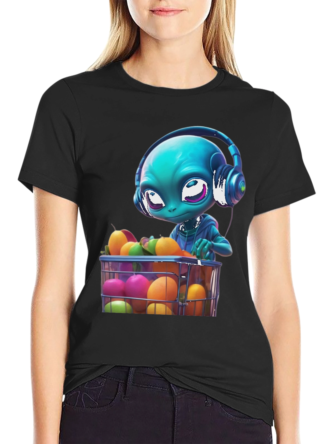 Alien DJ Fruit Basket Graphic T-Shirt