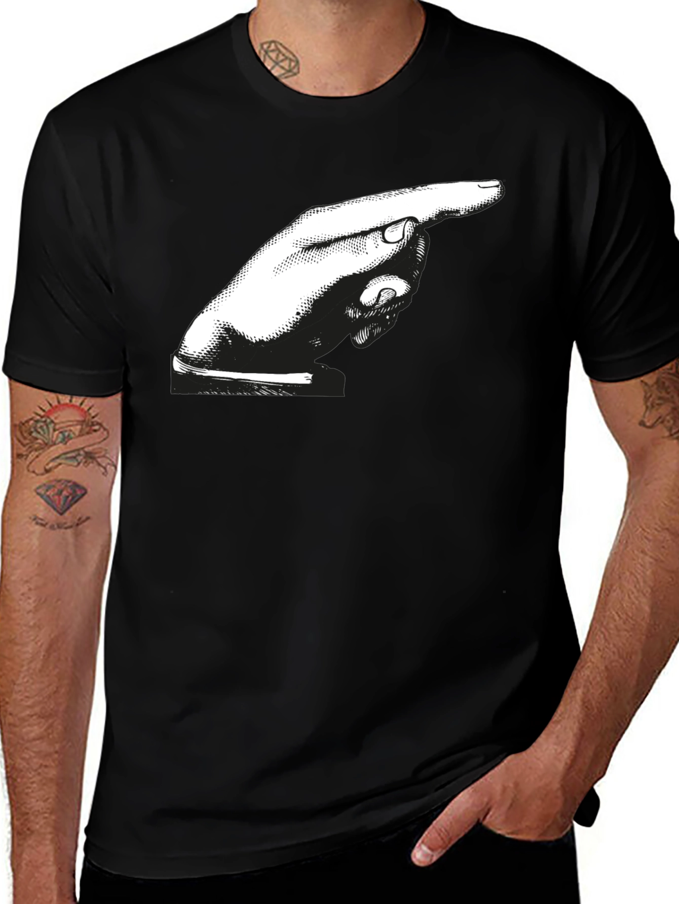 Pointing Hand Graphic Tee - Bold Black Cotton Shirt