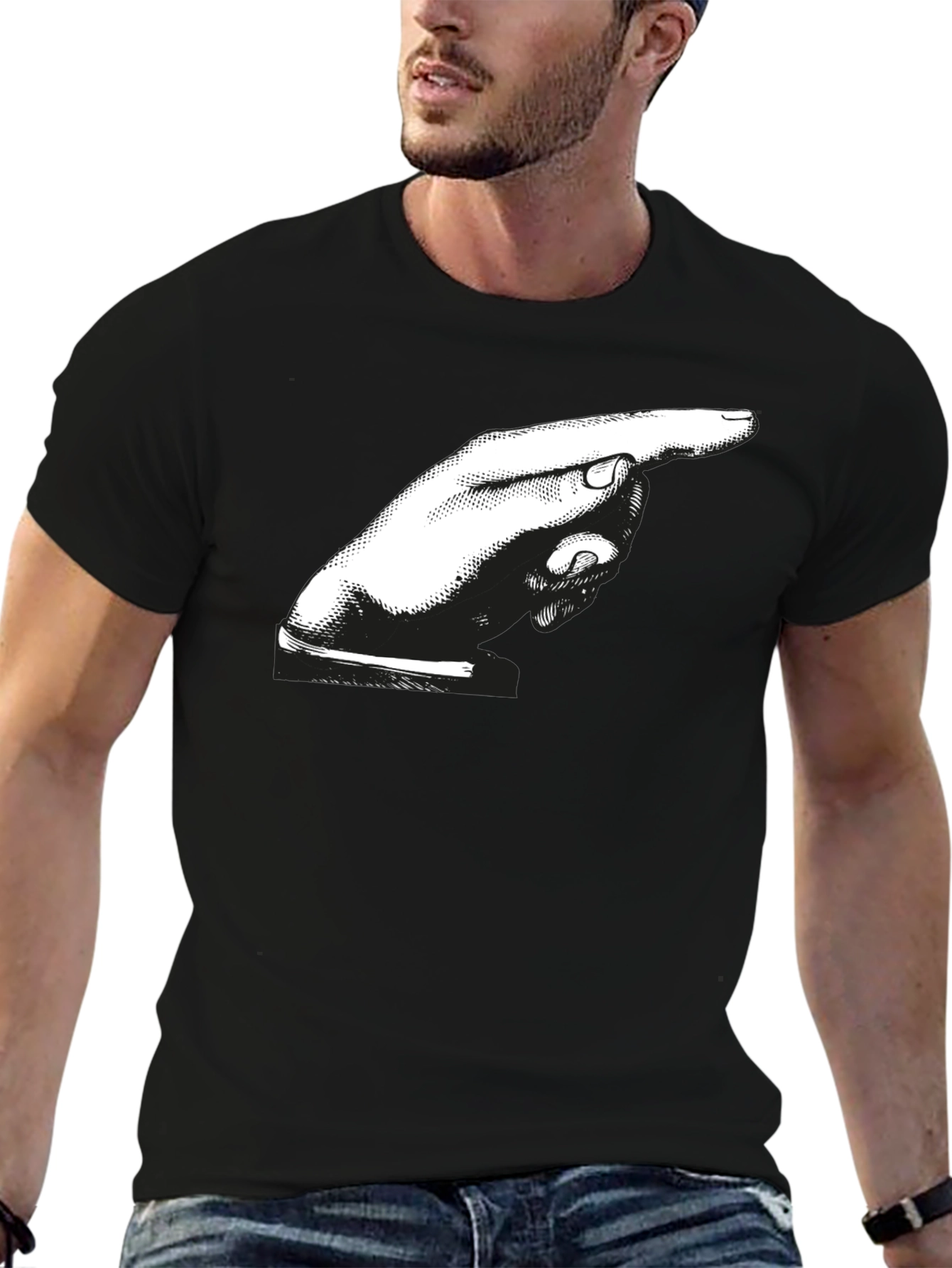 Pointing Hand Graphic Tee - Bold Black Cotton Shirt