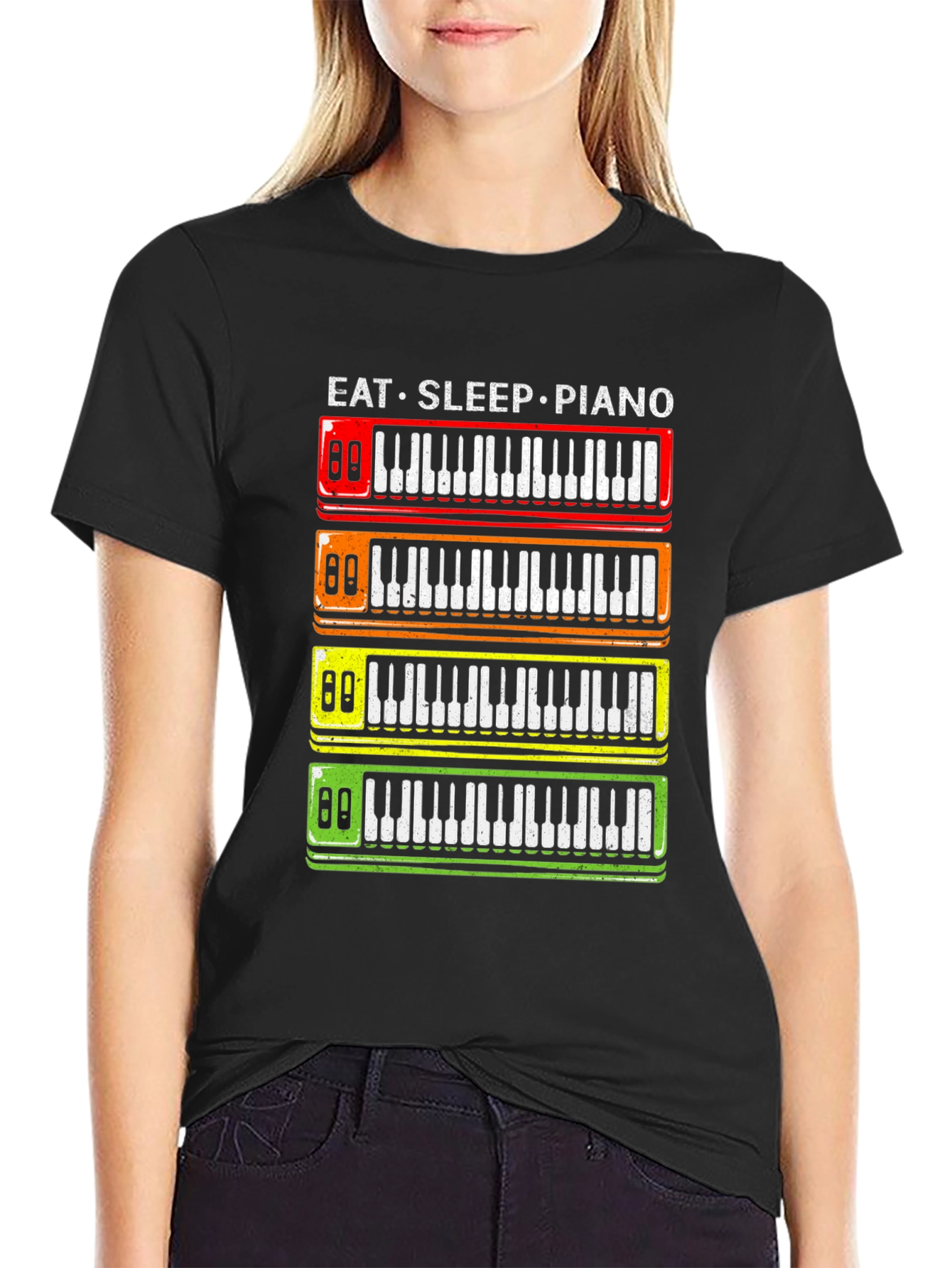 Eat Sleep Piano T-Shirt - Colorful Keyboard Design