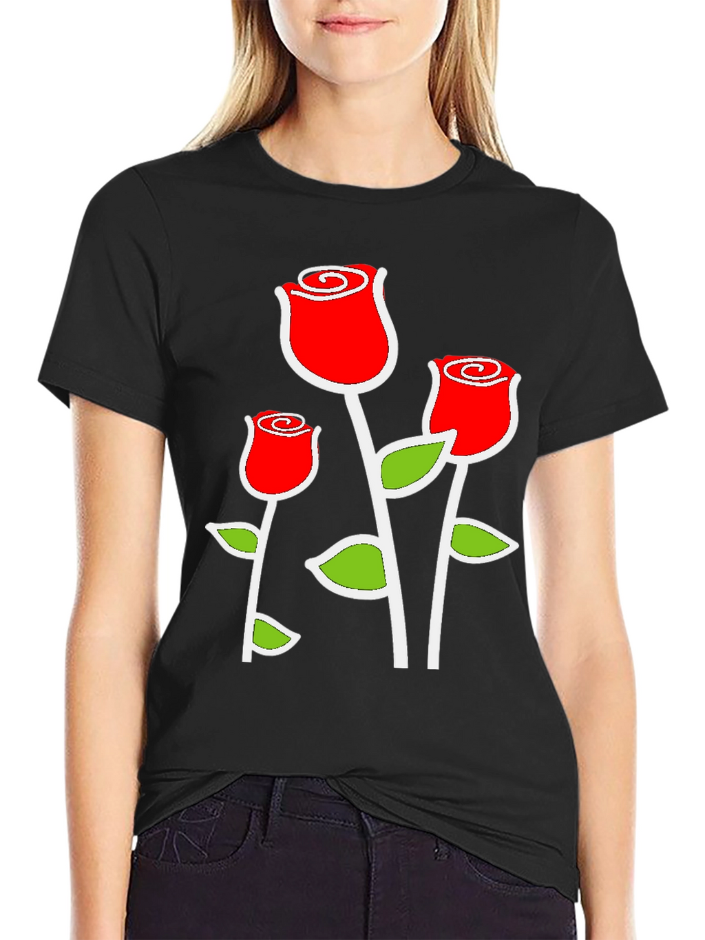Black T-Shirt with Red Rose Graphic