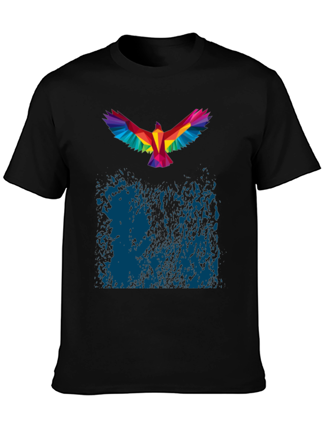 Geometric Rainbow Bird Print Black T-Shirt
