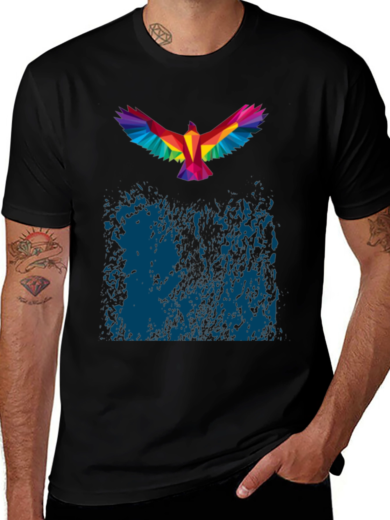 Geometric Rainbow Bird Print Black T-Shirt