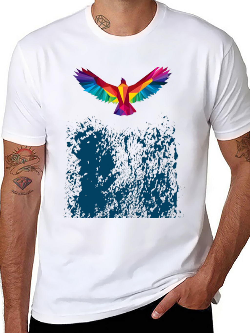 Geometric Rainbow Bird Print Black T-Shirt