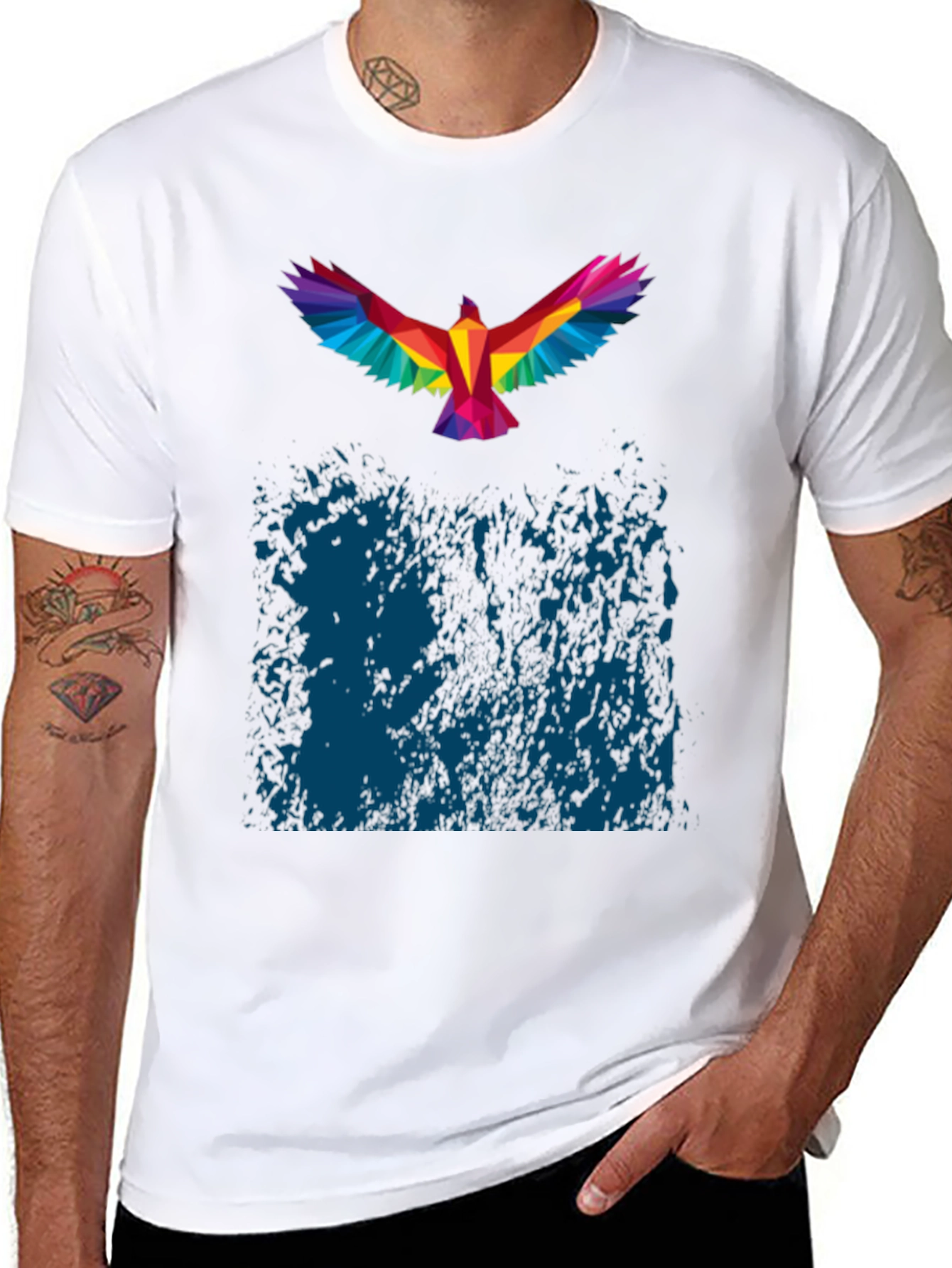 Geometric Rainbow Bird Print Black T-Shirt