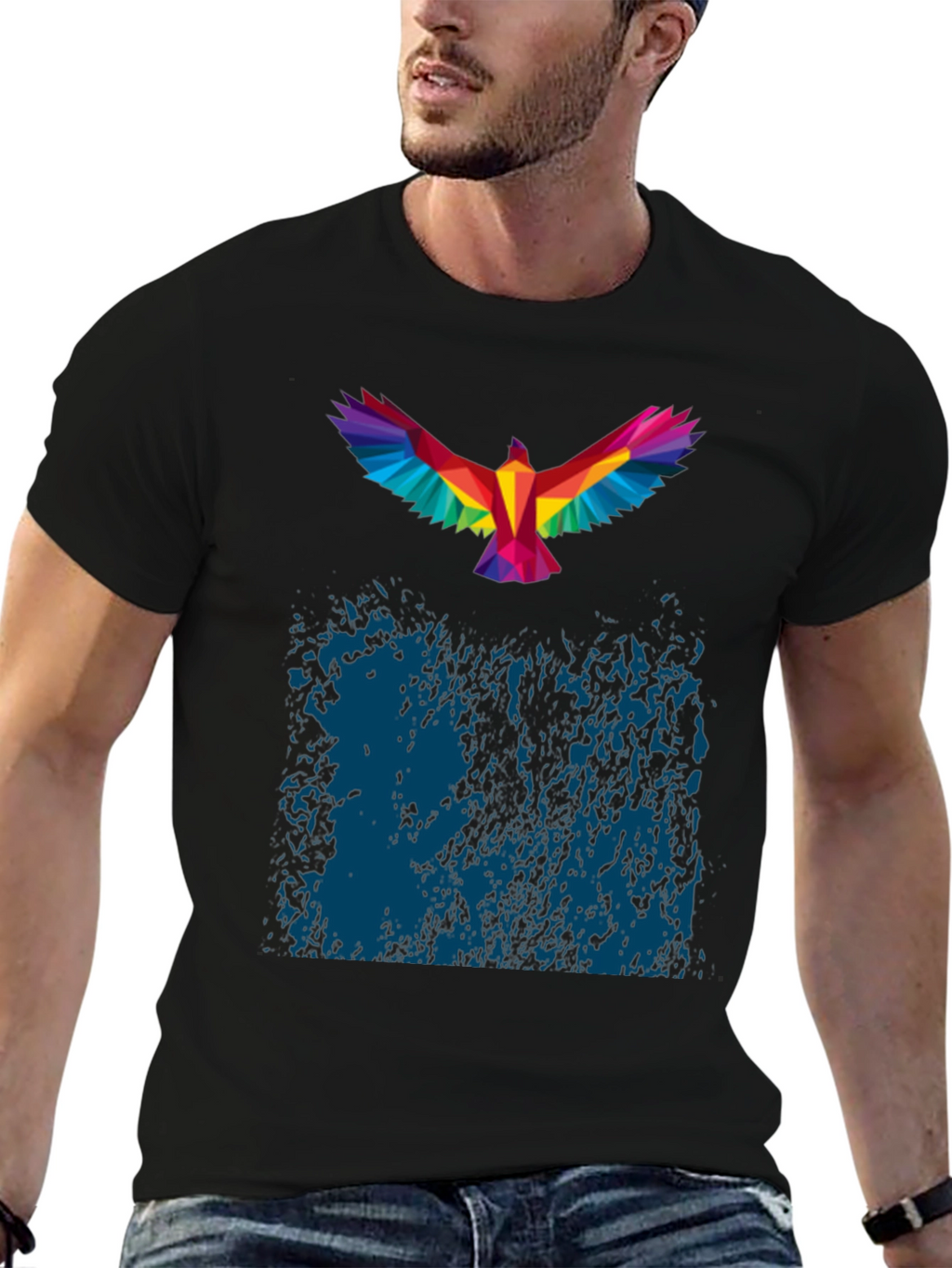 Geometric Rainbow Bird Print Black T-Shirt