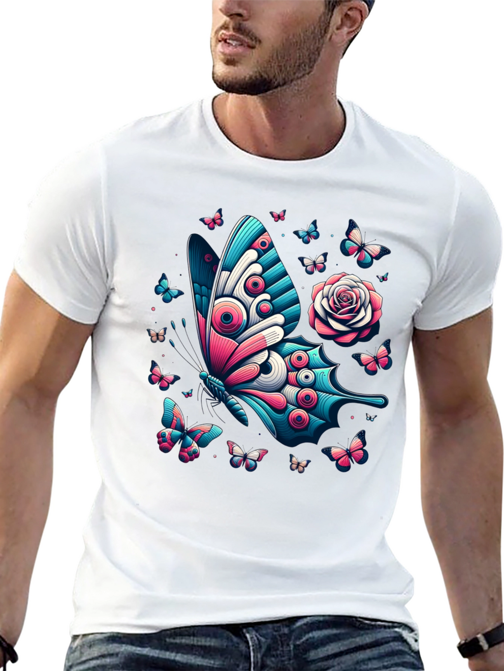Butterfly & Rose Graphic Print Tee - Black