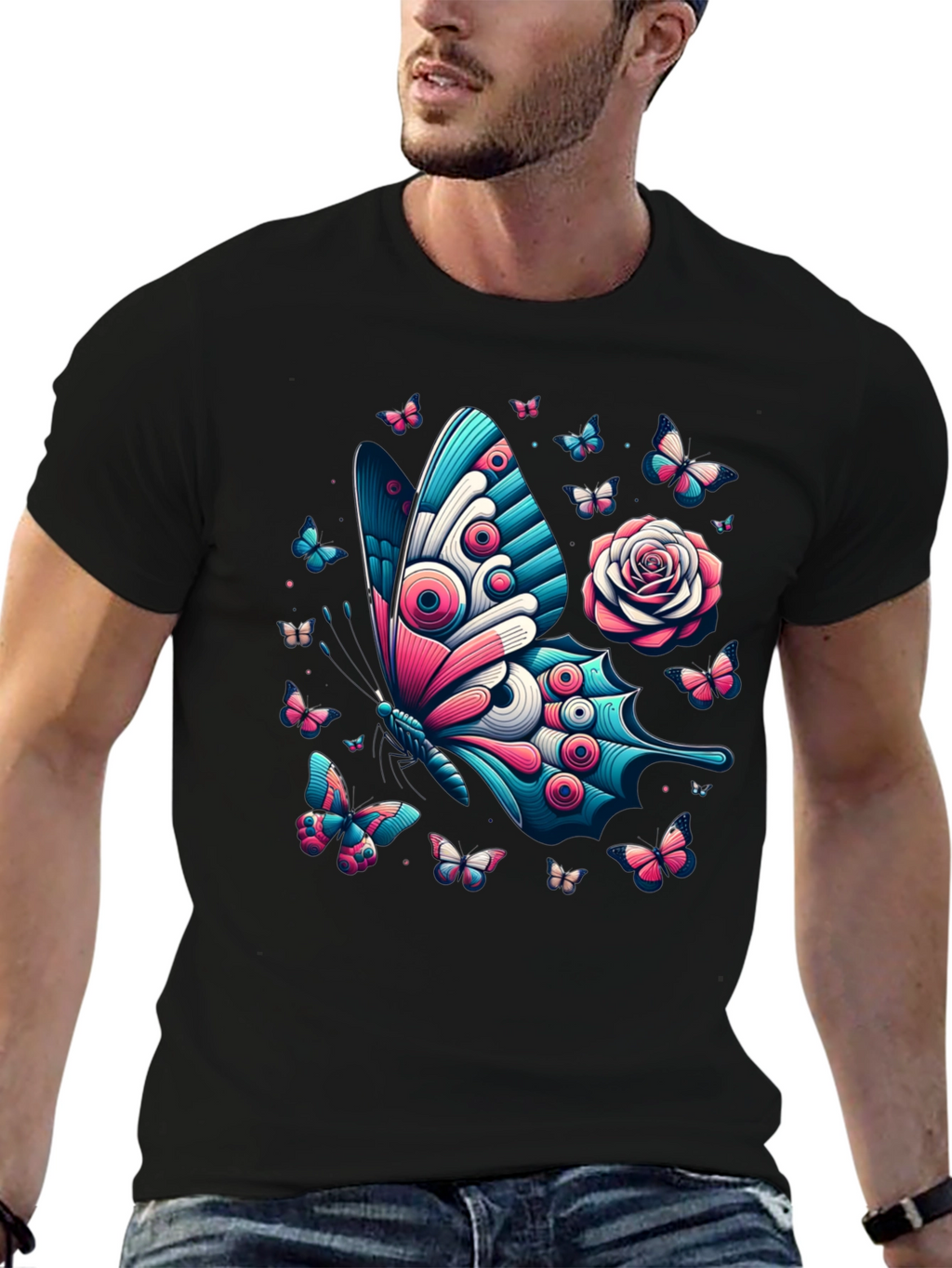 Butterfly & Rose Graphic Print Tee - Black