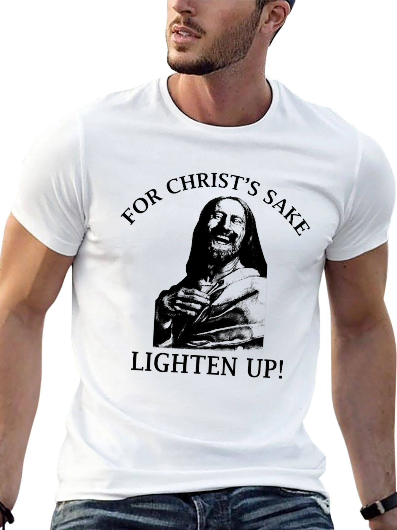 Humorous Graphic Tee - Christs Sake Lighten Up!