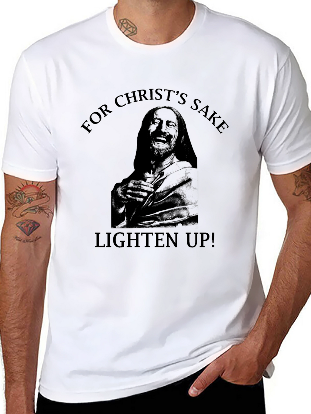 Humorous Graphic Tee - Christs Sake Lighten Up!