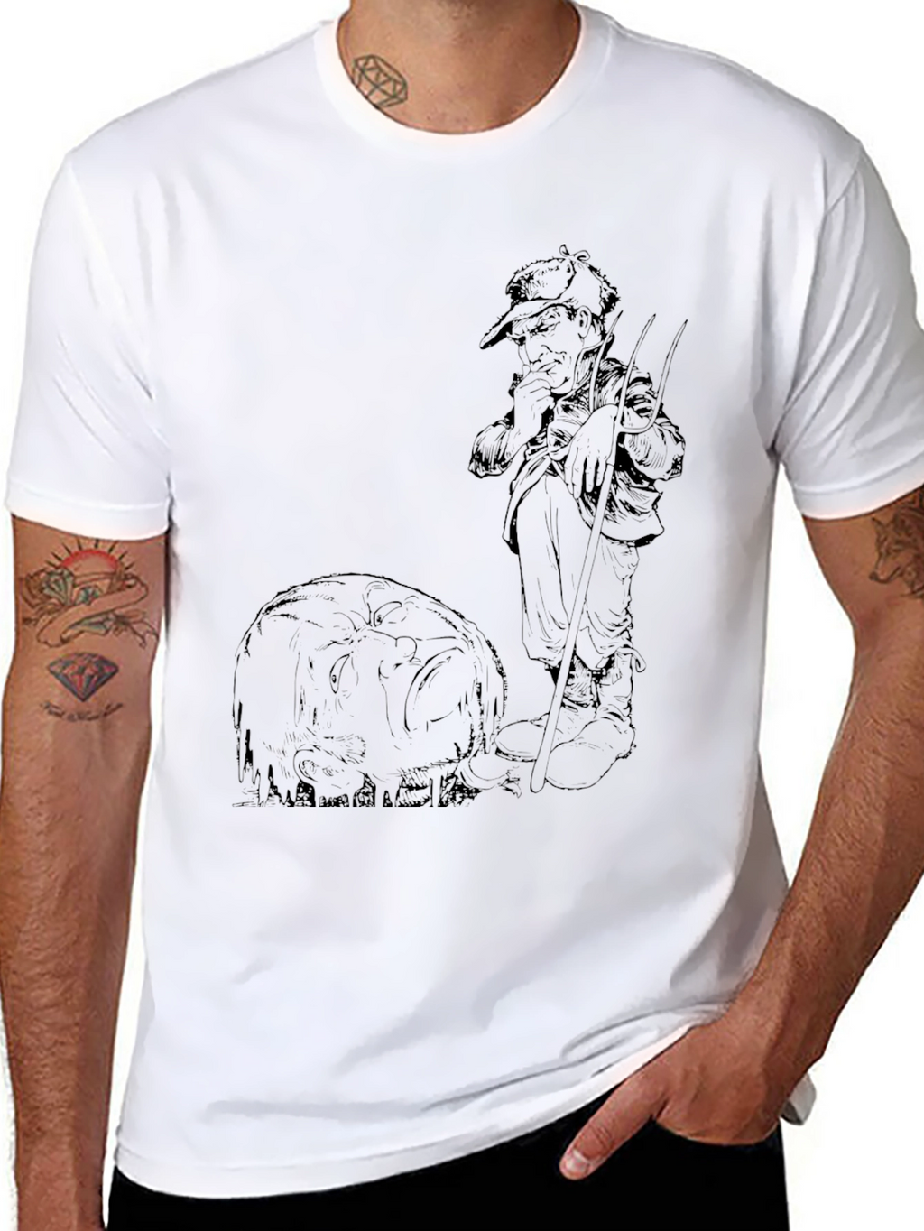 Black Graphic Tee - Fisherman & Fish Design