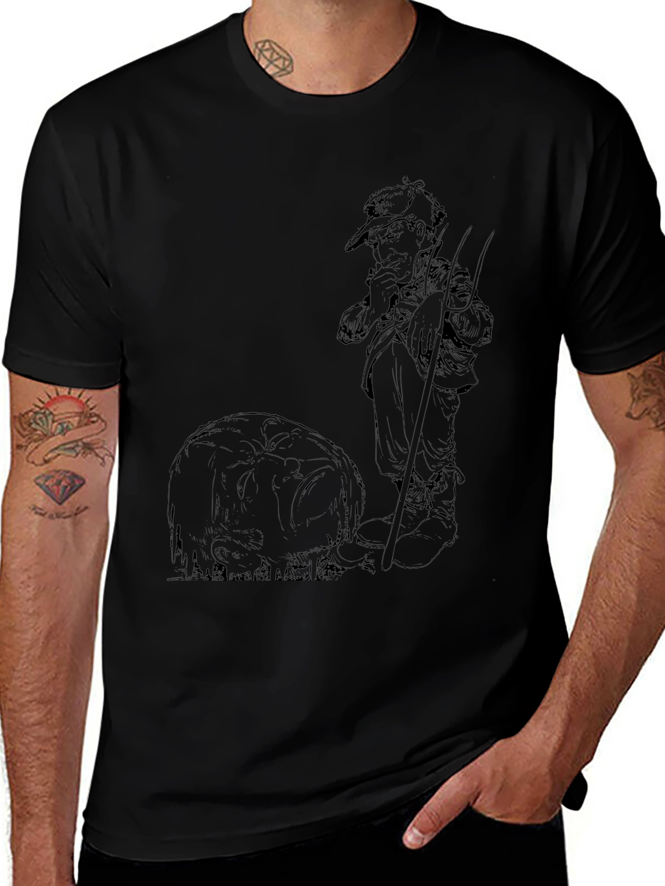 Black Graphic Tee - Fisherman & Fish Design