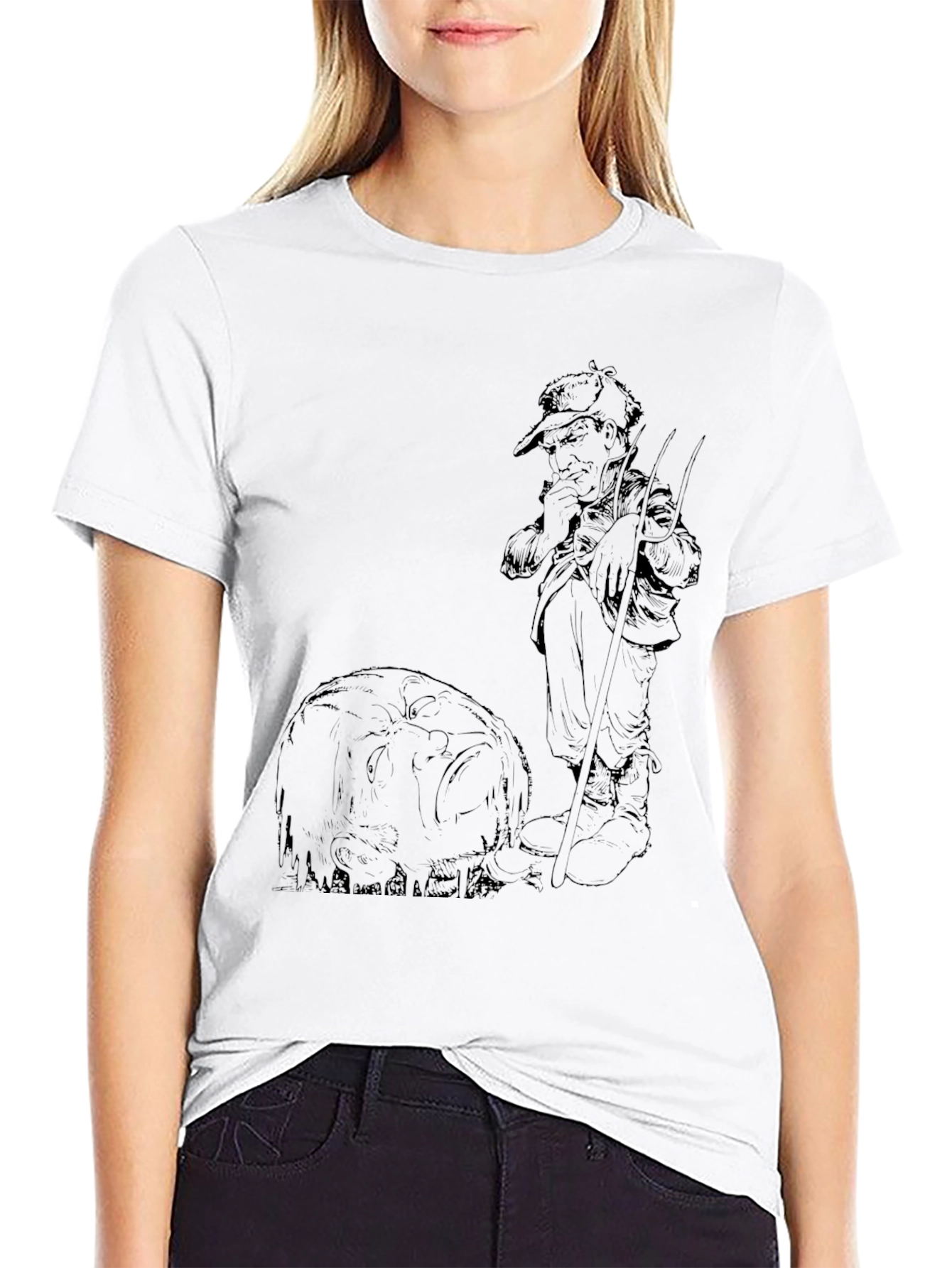Black Graphic Tee - Fisherman & Fish Design