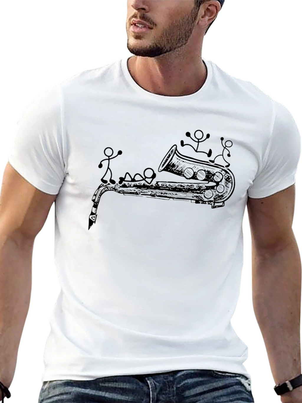 Saxophone & Stick Figures Graphic T-Shirt