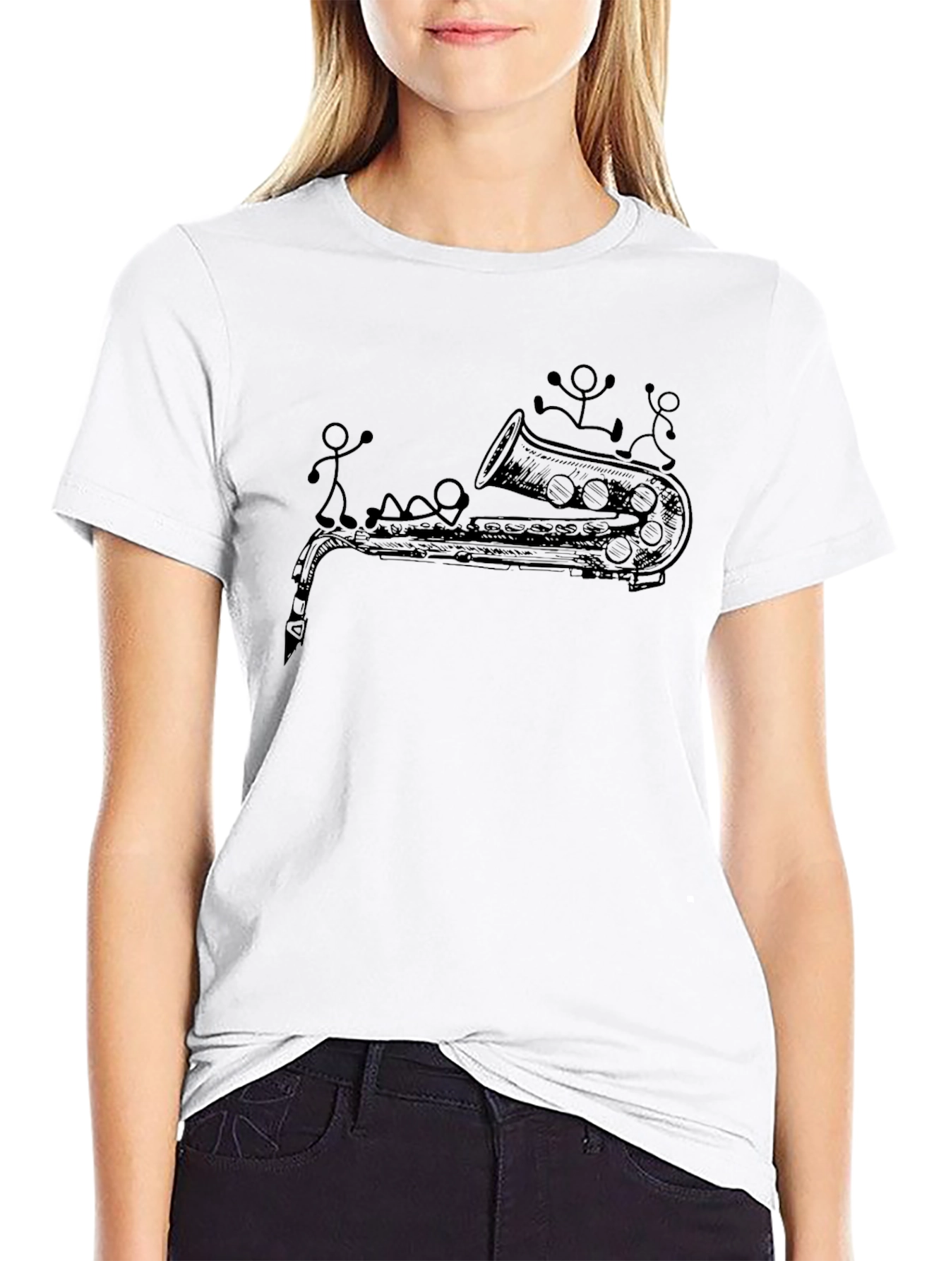 Saxophone & Stick Figures Graphic T-Shirt