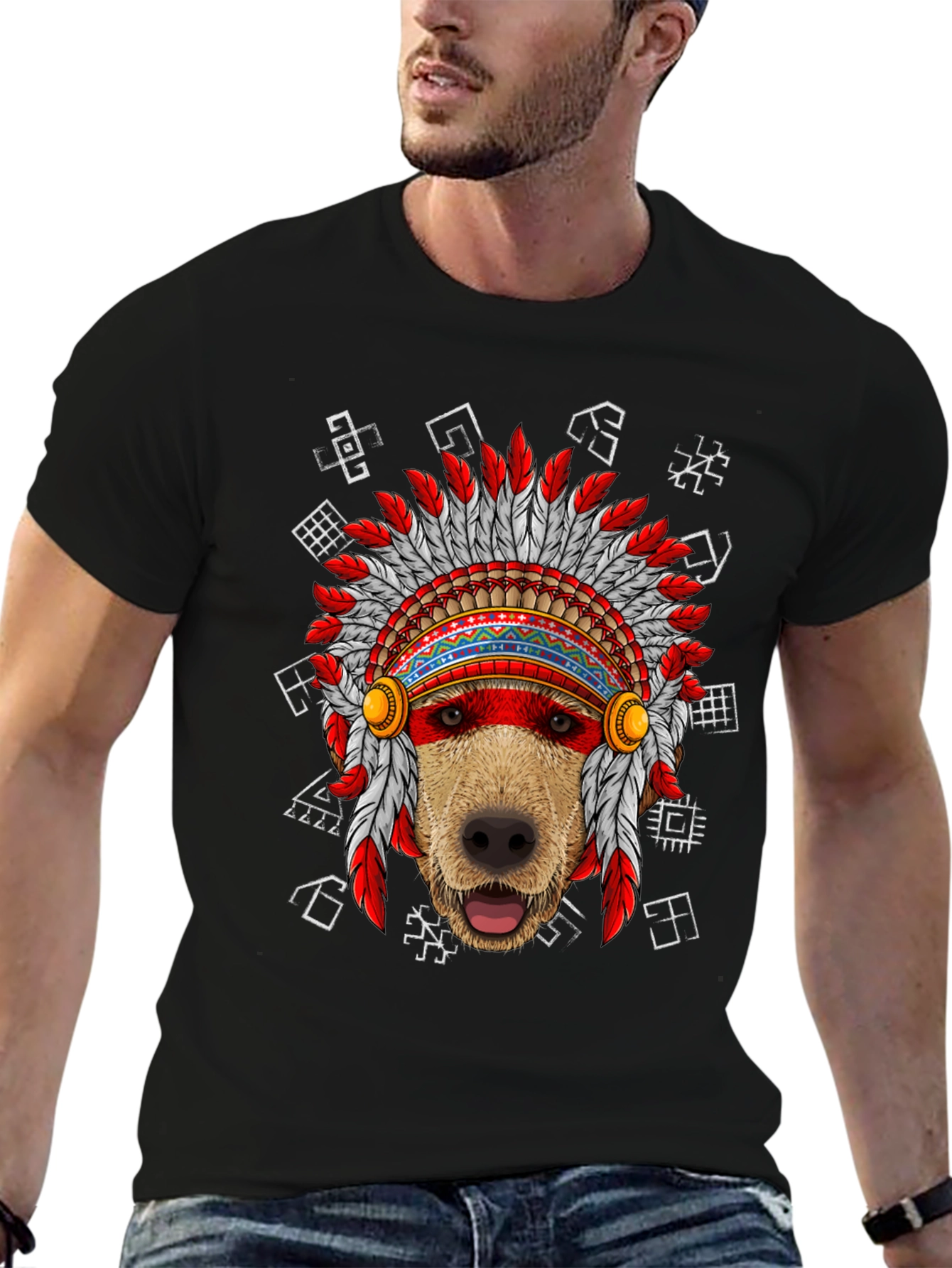 Dog Headdress Graphic Tee - Native American Indian Style