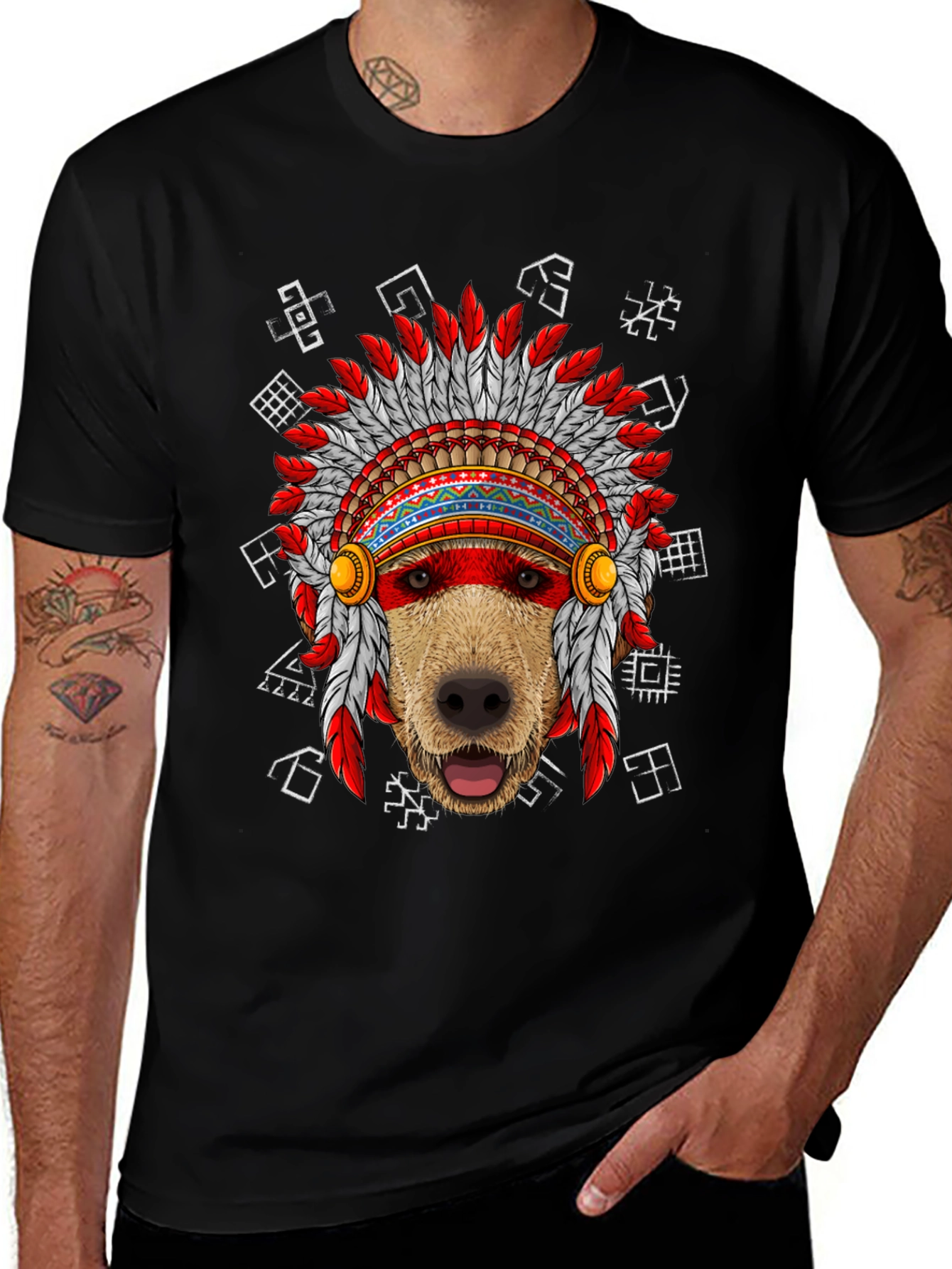Dog Headdress Graphic Tee - Native American Indian Style