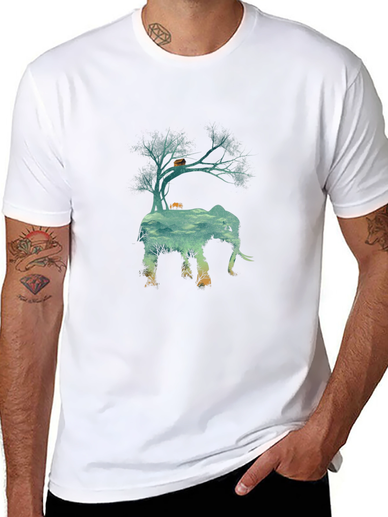 Nature Elephant Graphic Tee - Black Crew Neck T-Shirt