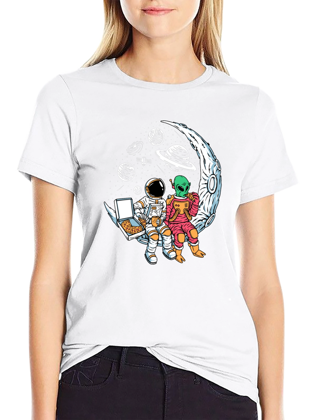 Astronaut & Alien Pizza Moon Graphic Tee