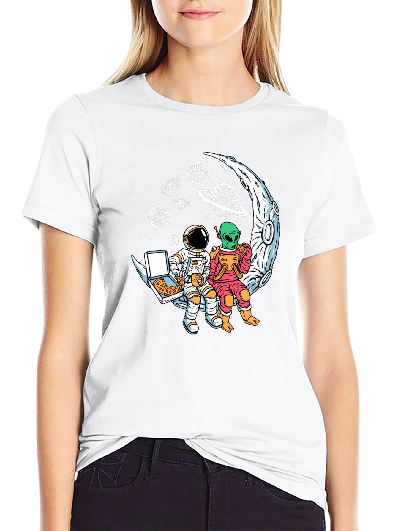 Astronaut & Alien Pizza Moon Graphic Tee