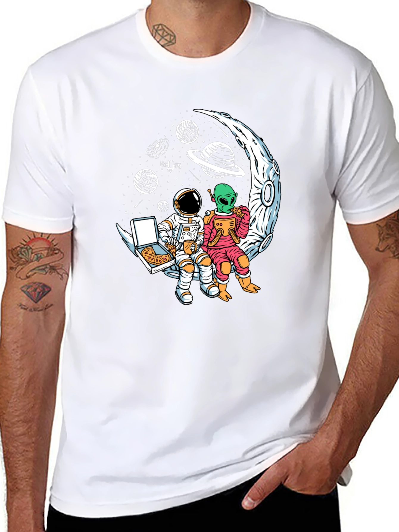 Astronaut & Alien Pizza Moon Graphic Tee