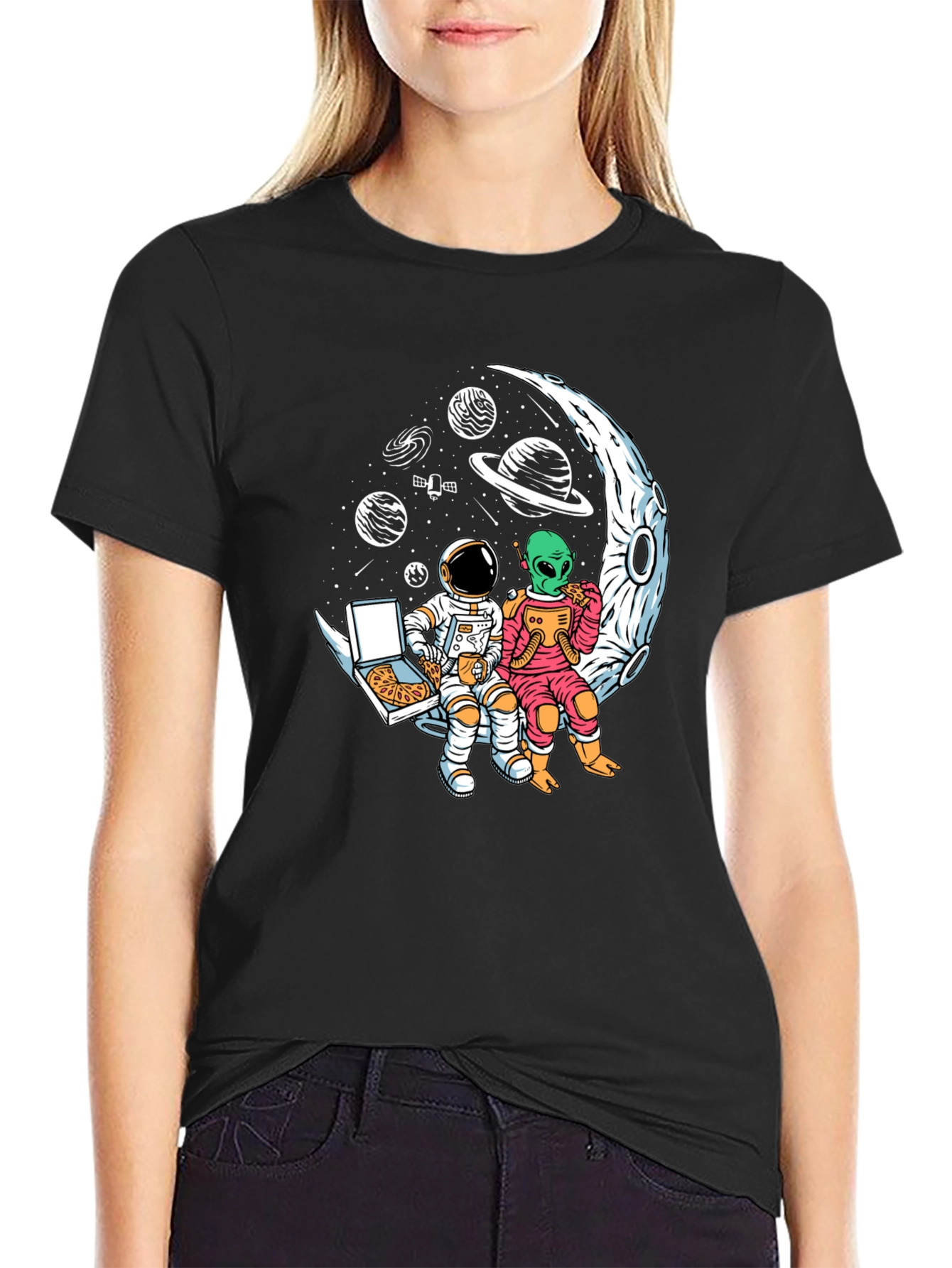 Astronaut & Alien Pizza Moon Graphic Tee