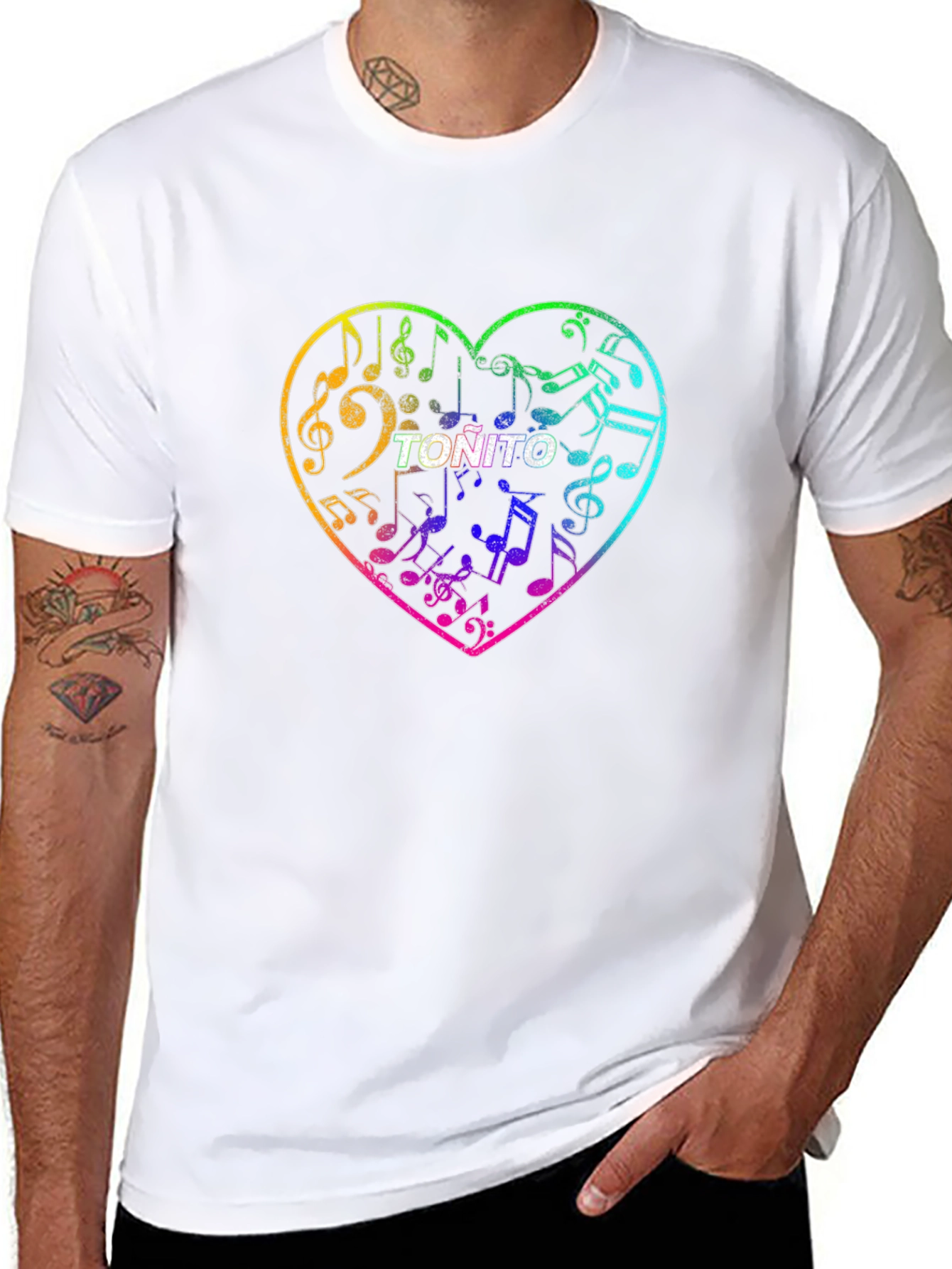 Musical Heart T-Shirt - Tonito Text Rainbow Music Notes Tee