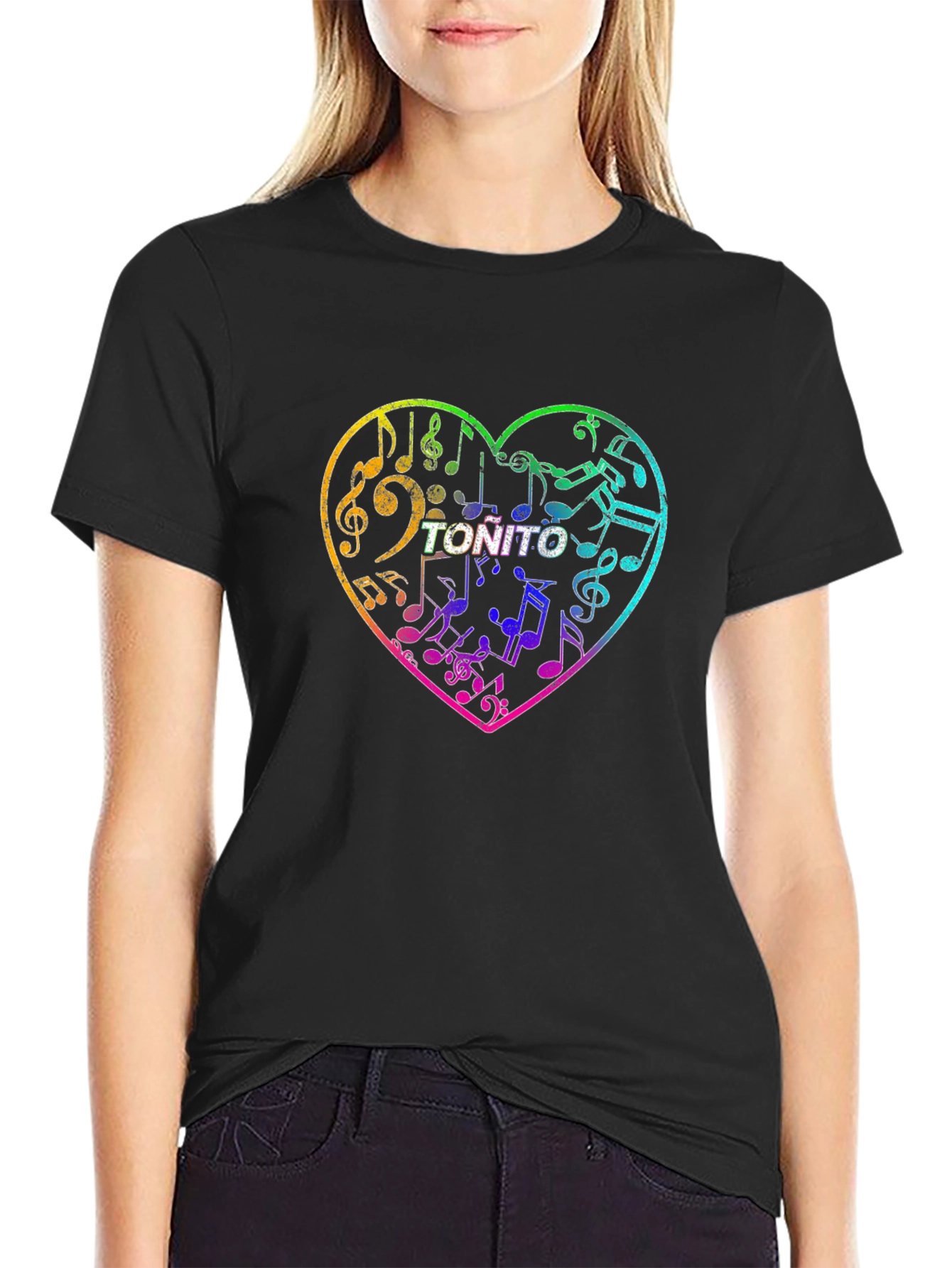 Musical Heart T-Shirt - Tonito Text Rainbow Music Notes Tee