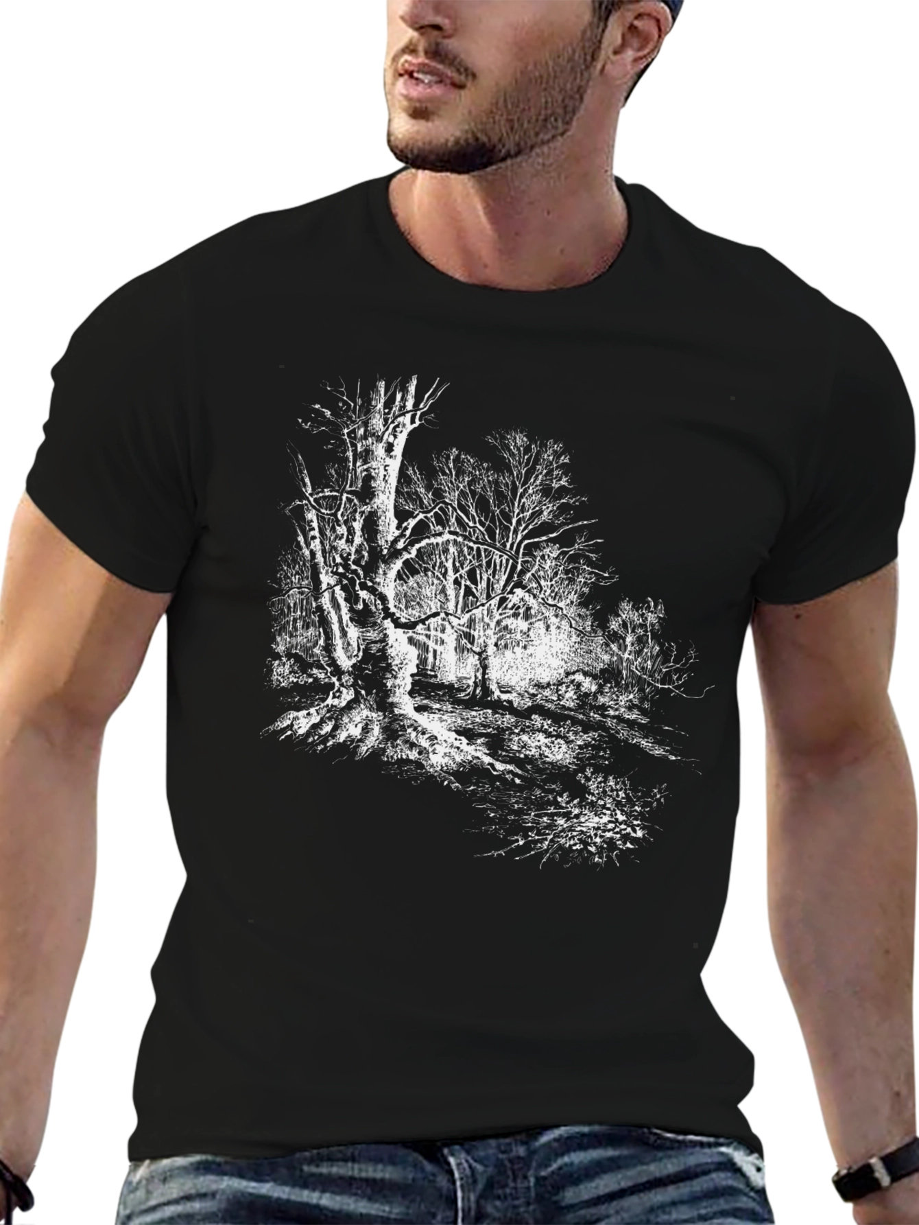 Eerie Forest Graphic Tee - Black Cotton T-Shirt