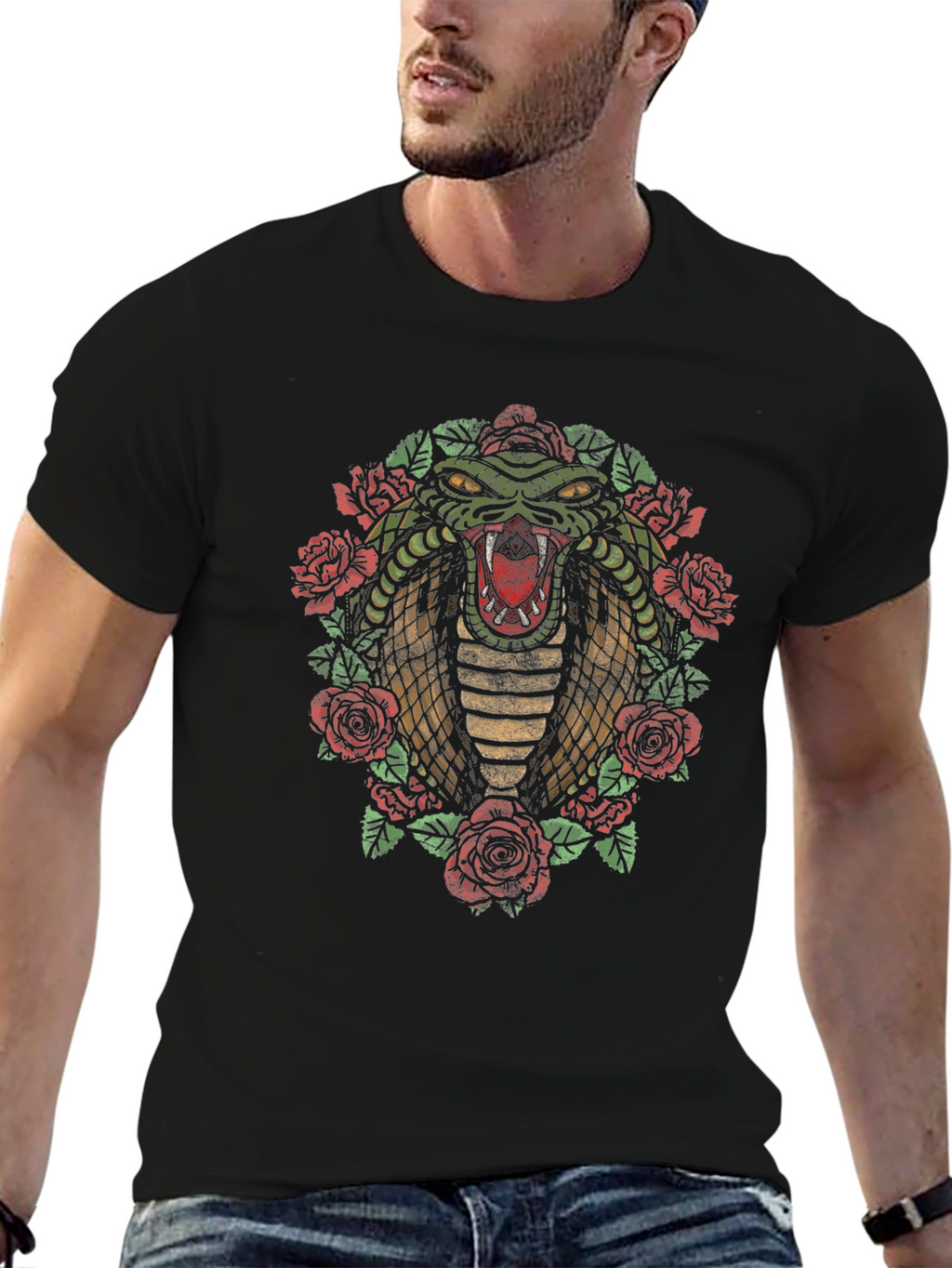Cobra & Roses Graphic T-Shirt - Mens Black Tee