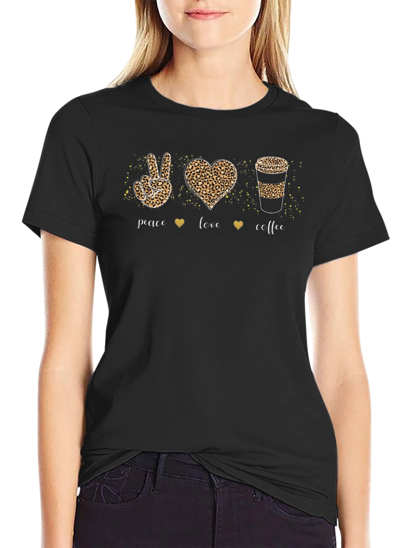 Peace Love Coffee Leopard Print T-Shirt