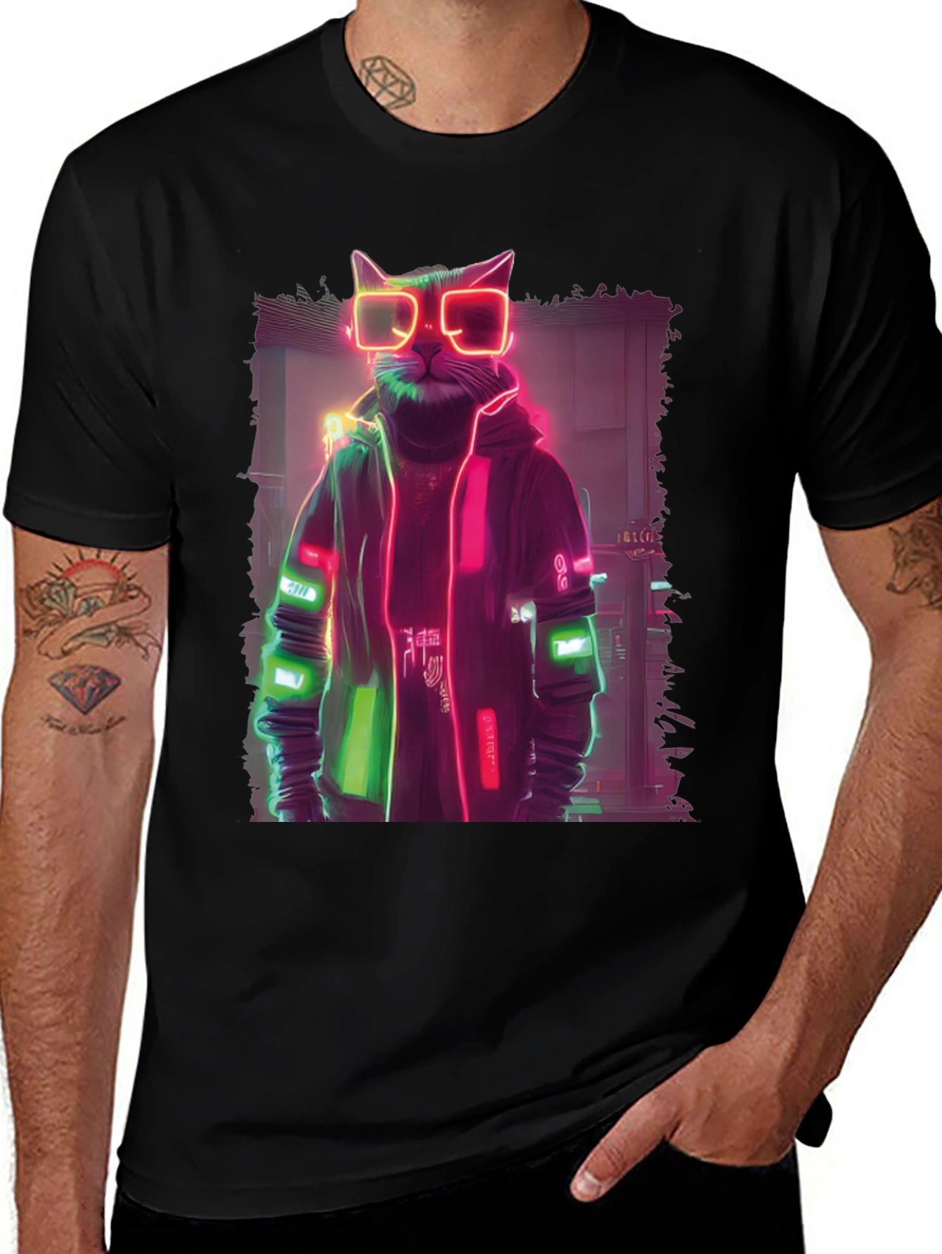 Cyberpunk Cat T-Shirt - Neon Style Graphic Tee