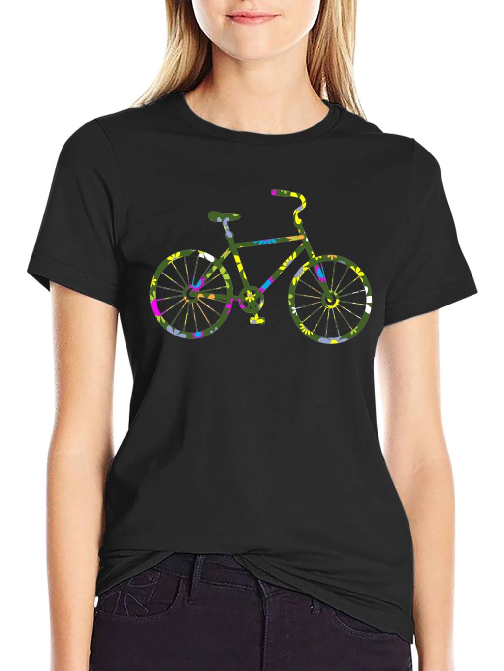 Floral Bicycle Graphic Black T-Shirt
