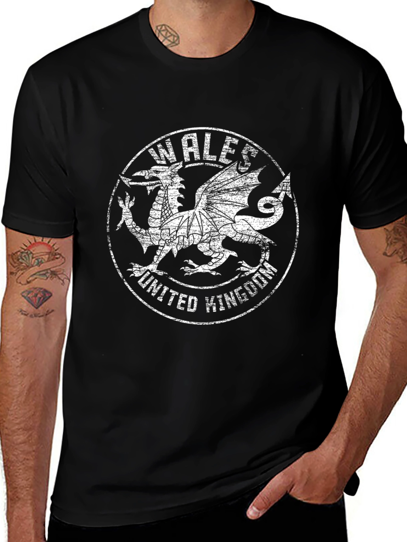 Wales Dragon UK Graphic Tee - Black Cotton T-Shirt