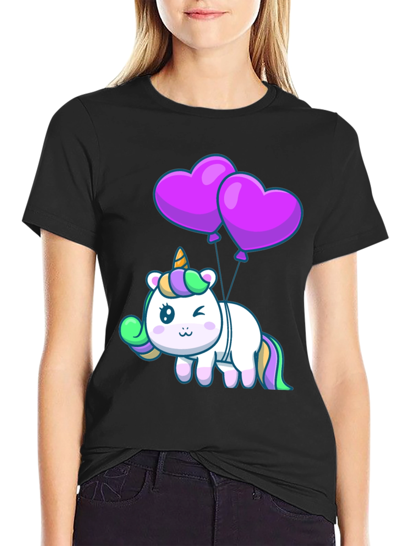 Unicorn Heart Balloons Graphic Tee - Black