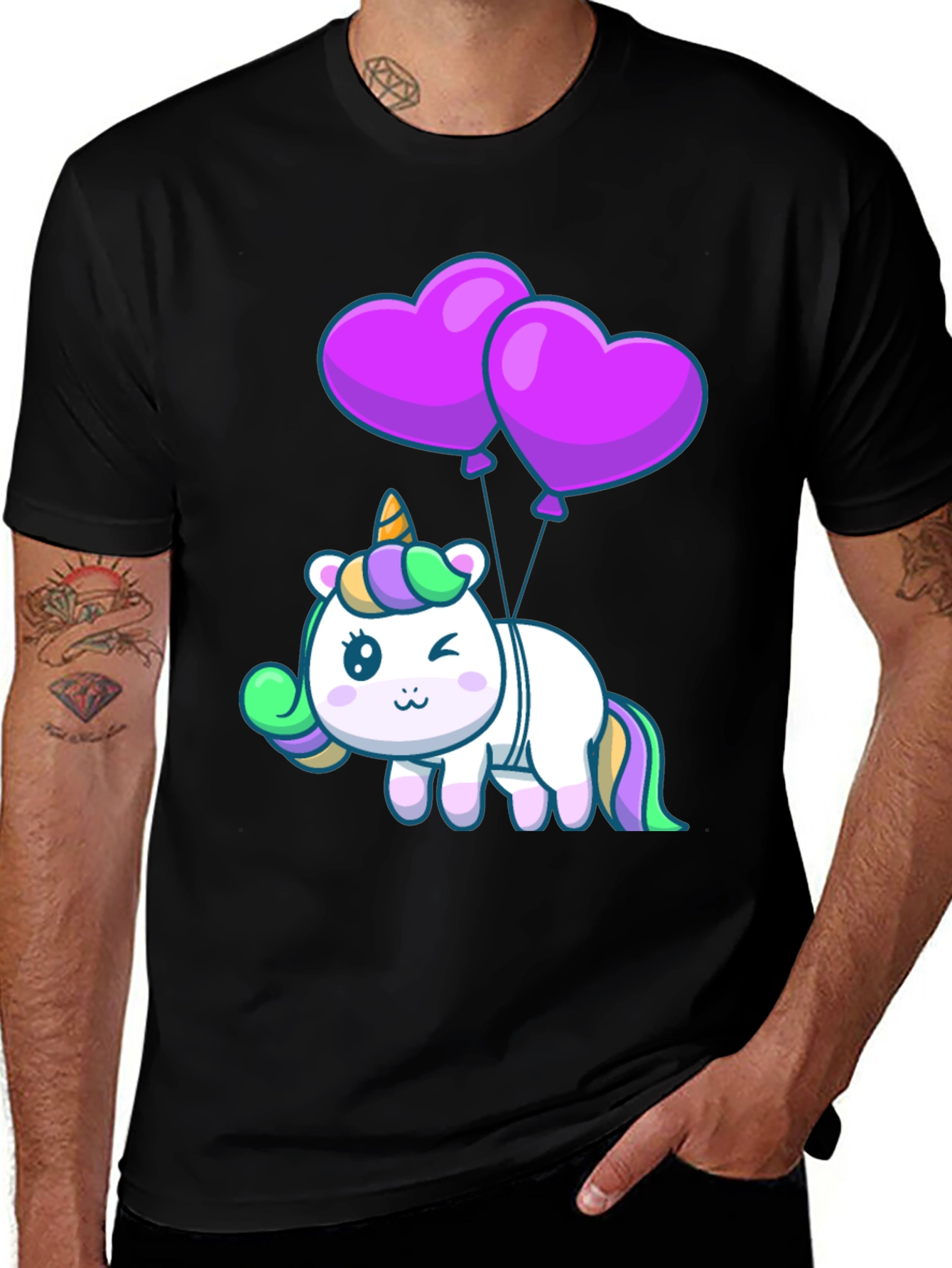 Unicorn Heart Balloons Graphic Tee - Black