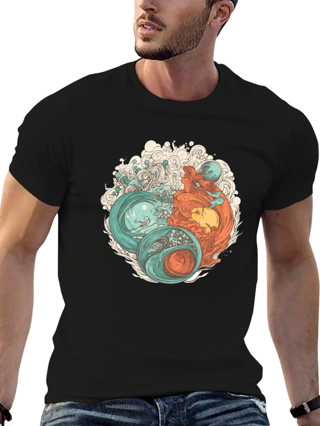 Yin Yang Sea Graphic Tee - Soft Cotton Blend