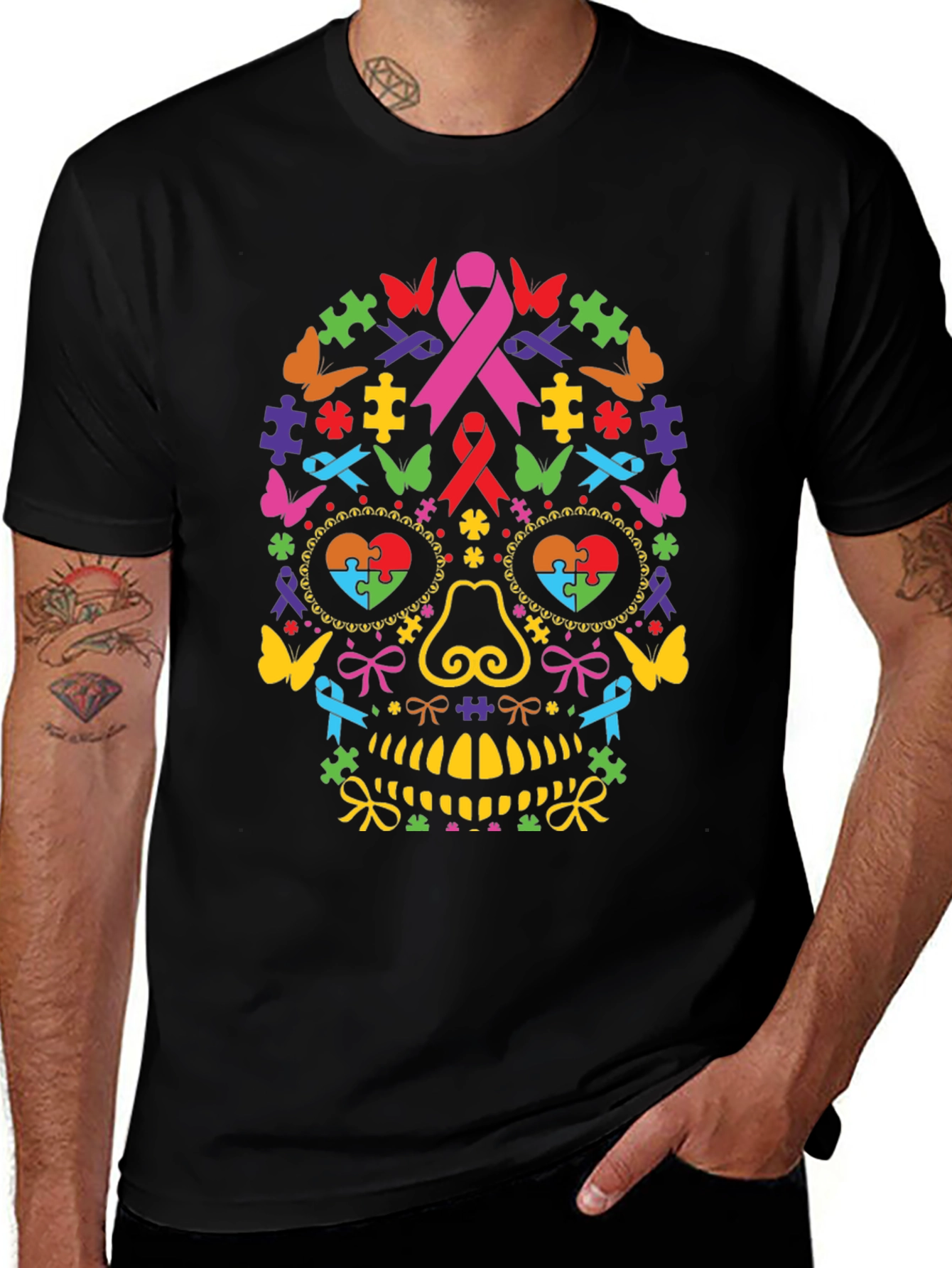 Autism Awareness Ribbon Sugar Skull Graphic Tee